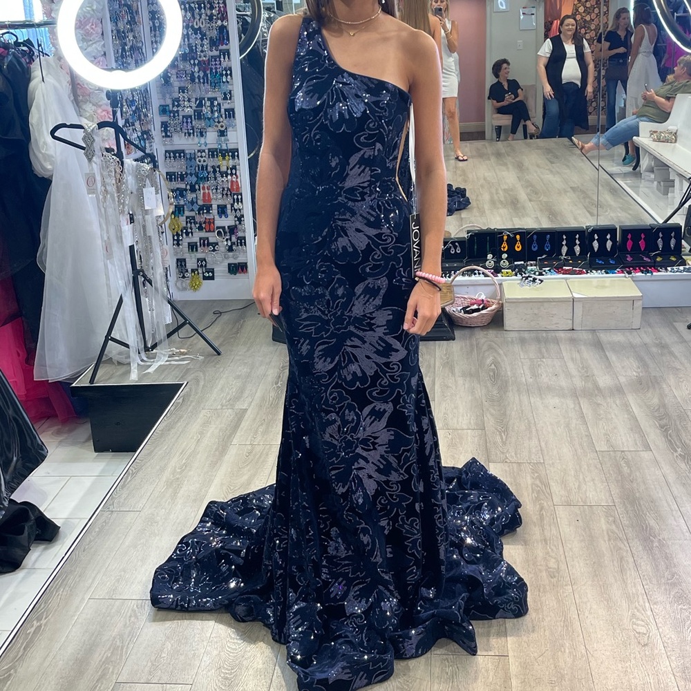 Jovani Navy Velvet Formal Dress